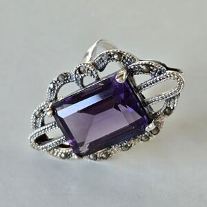 Art Deco Style Amethyst, Marcasite & Sterling Ring  8